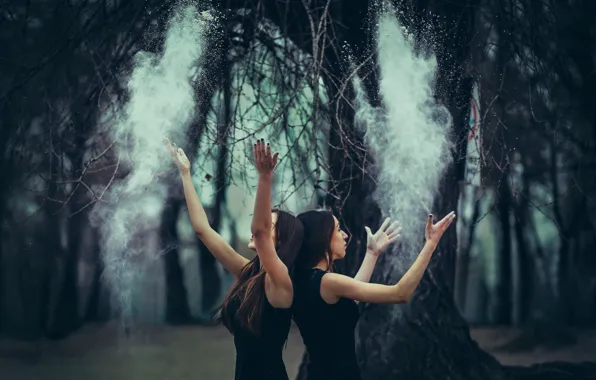 Picture forest, girls, dust, gesture