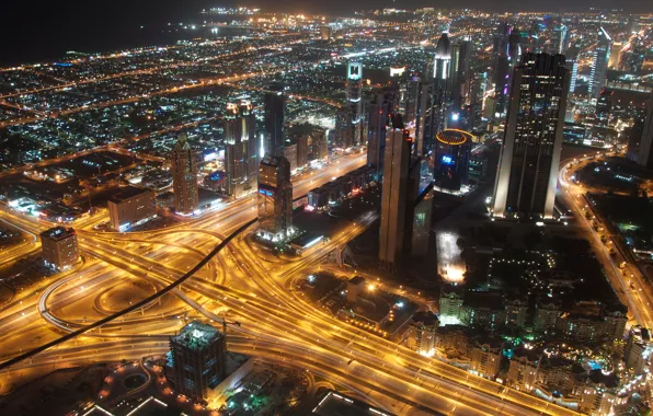 Picture road, night, the city, lights, movement, building, home, skyscrapers, excerpt, lighting, Dubai, megapolis, UAE, United …