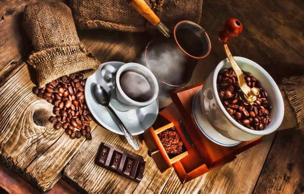 Picture coffee, chocolate, spoon, mug, drink, coffee beans, saucer, pouch, Turk, coffee grinder