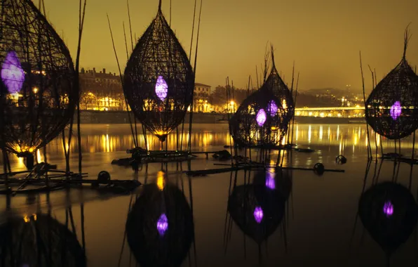 Picture bridge, river, France, Lyon, The festival of lights