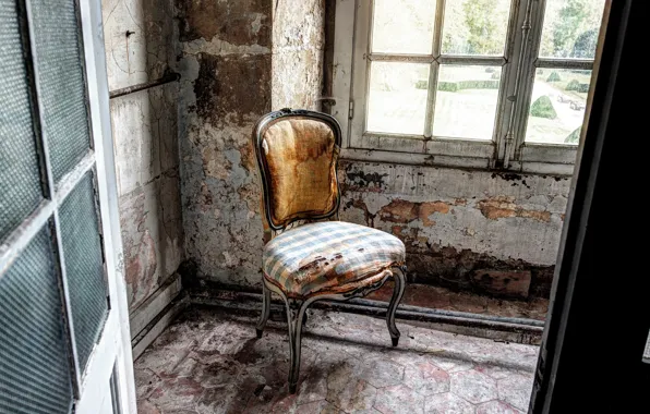 Picture window, ruins, Chair