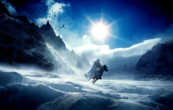 Picture cold, ice, winter, the sky, the sun, mountains, birds, fiction, horse, icicles, rider