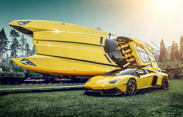 Picture yellow, boat, supercar, Lamborghini Aventador, Lamborghini Boat