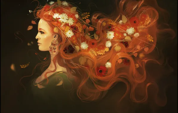 Picture autumn, girl, flowers, hair, beauty, art, red