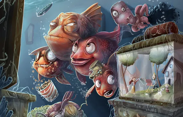 Picture fish, people, aquarium, humor, TV, family, art, octopus, underwater world