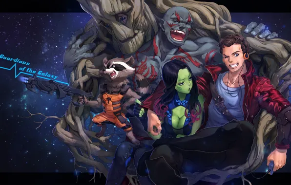 Picture girl, smile, weapons, guys, hugs, art, embarrassment, groot, guardians of the galaxy, gamora, peter quill, …