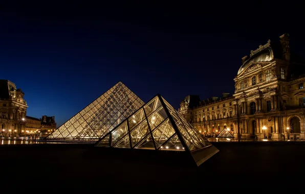 Picture light, night, the city, France, Paris, The Louvre, lighting, pyramid, Paris, Museum, France, Louvre