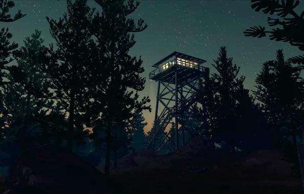 Picture The sky, The evening, Night, Stars, Trees, Forest, Ladder, Light, Fire, Tower, Exploration, Adventure Game, …
