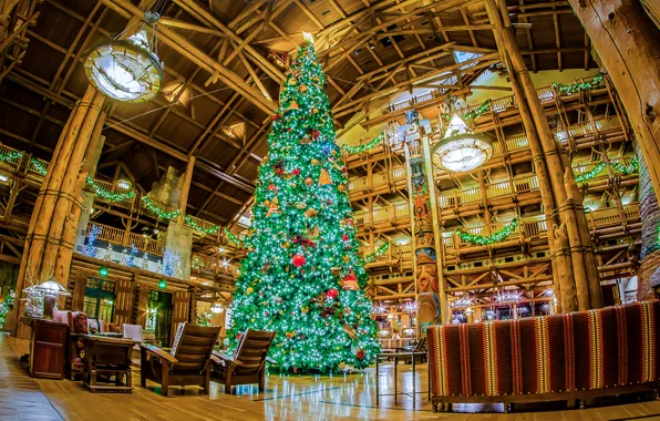 Picture design, lights, holiday, tree, interior, CA, New year, USA, Disneyland, garland, Christmas, Balaclava, hall.arch