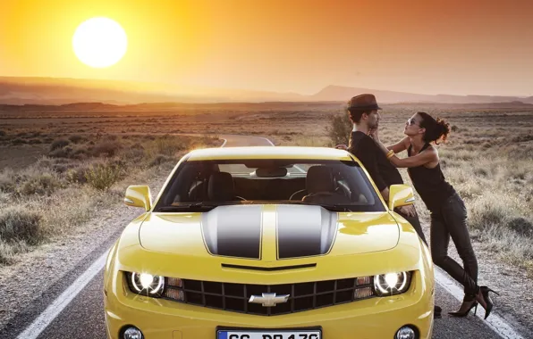 Picture road, car, auto, the sky, girl, the sun, Chevrolet, Machine, guy