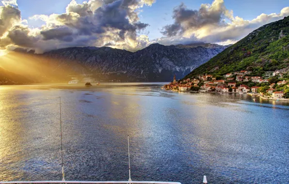 Picture sea, clouds, mountains, coast, home, the rays of the sun, Montenegro, To, Kotor, Perast, Boka …