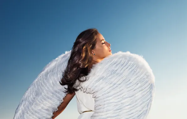 Picture girl, hair, wings, angel, white dress, blue sky