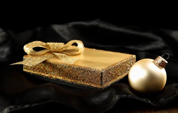 Picture winter, box, gift, black, toys, ball, ball, silk, sequins, New Year, Christmas, fabric, gold, bow, …