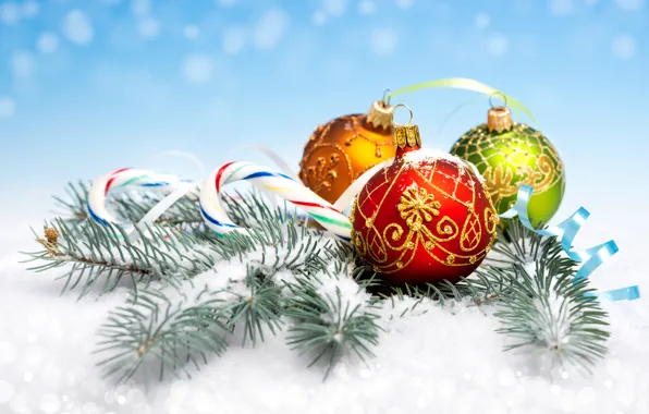 Picture snow, decoration, needles, balls, new year, Christmas, branch, Lollipop