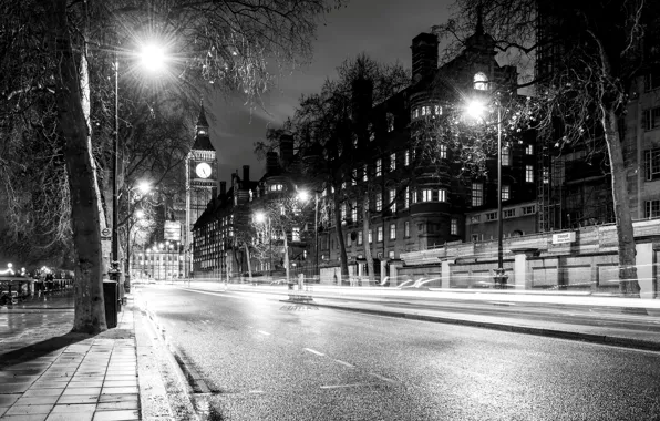 Wallpaper road, light, trees, night, the city, England, London, building,  home, excerpt, lights, UK, Big Ben, black and white, architecture, London  images for desktop, section город - download