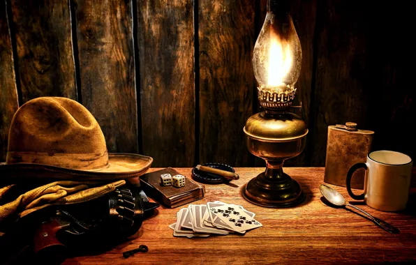 Picture surface, style, table, cubes, lamp, hat, key, bones, mug, cigar, gloves, revolver, style, western, Western, …