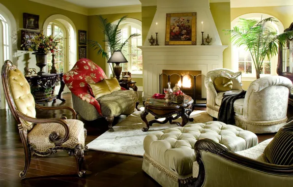 Picture flowers, design, style, table, room, sofa, fire, interior, picture, chair, pillow, chair, fireplace