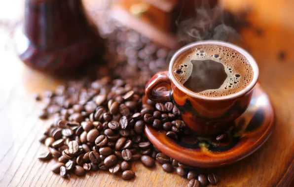 Picture coffee, mug, drink, coffee beans, saucer, foam, smoke