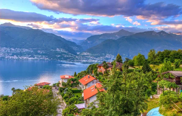 Picture mountains, lake, home, Switzerland, Alps, panorama, town, Switzerland, Alps, Maggiore, Lake Maggiore, Gambarogno, Ticino, Ticino, …