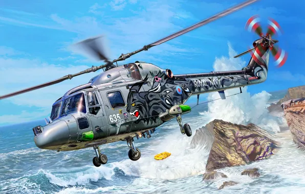 Picture wave, rocks, figure, helicopter, British, multipurpose, boat, Michal Reinis, The Royal Navy, Westland Lynx, HAS.3