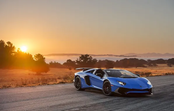 Picture the sun, sunset, sunrise, Roadster, Lamborghini, Aventador, LP-750