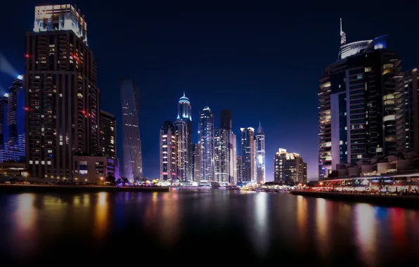 Picture reflection, night, the city, lights, Dubai, skyscrapers, UAE, UAE, Dubai Marina