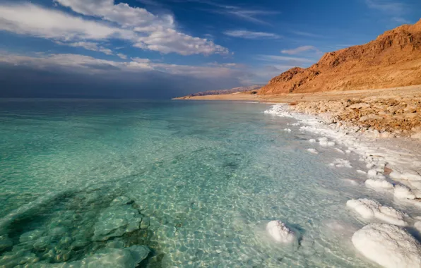 Picture sand, sea, the sky, clouds, nature, beauty, salt, clean water, the dead sea