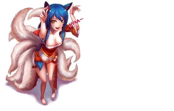 Picture look, girl, smile, neckline, gesture, ears, art, Fox, league of legends, tails, simple background, ahri, …