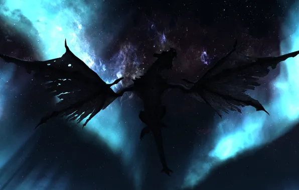 Picture the sky, stars, flight, night, dragon, wings, silhouette, Skyrim, The Elder Scrolls V, Skyrim