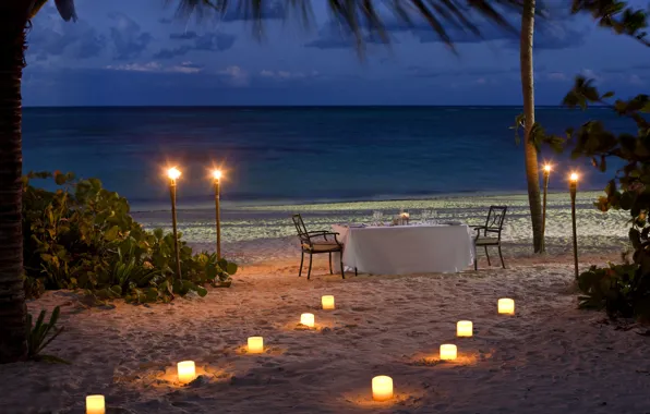 Picture beach, the ocean, romance, the evening, candles, beach, ocean, sunset, view, romantic, dinner, dinner