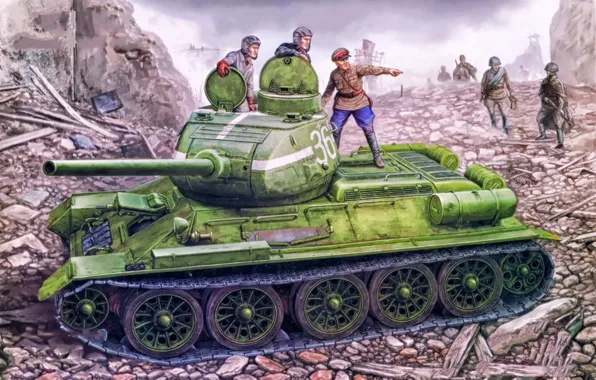 Picture war, art, painting, tank, ww2, russian tank, T-34/85