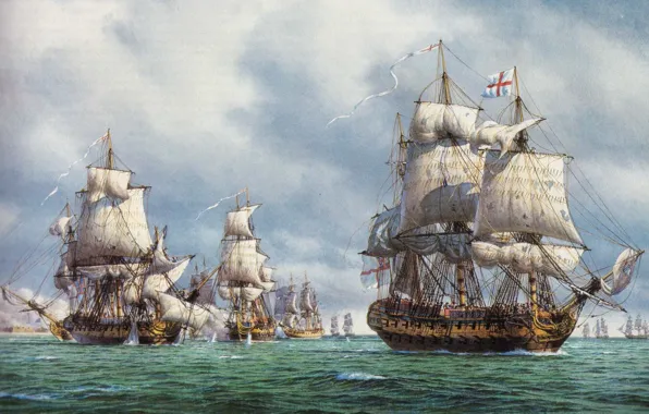 Picture oil, picture, bursts, battle, sails, flags, painting, canvas, sea, sailboats, rigging, cores, pennant, tackle