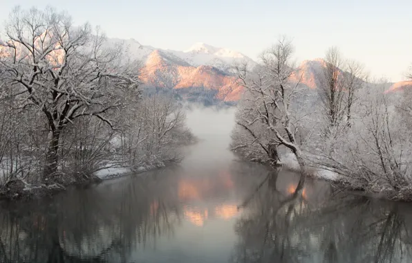 Picture winter, snow, trees, mountains, fog, reflection, river