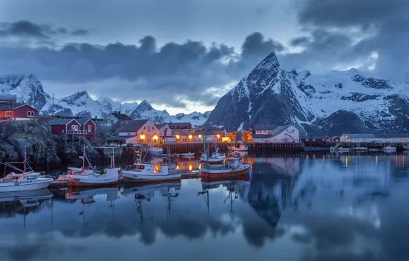 Picture winter, the sky, clouds, snow, mountains, lights, reflection, home, boats, mirror, port, Norway, Nordland, Moskenes