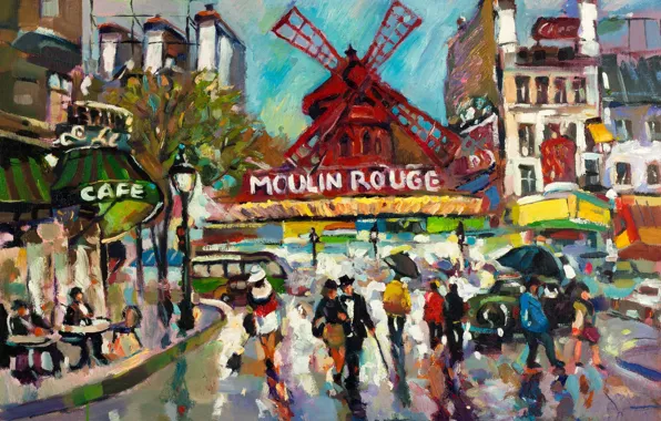 Picture the city, people, rain, paint, France, Paris, modern, picture, art, cafe, cabaret, painting, colorful, canvas, …