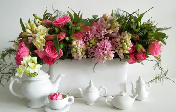 Picture flowers, photo, roses, Cup, daffodils, hyacinths