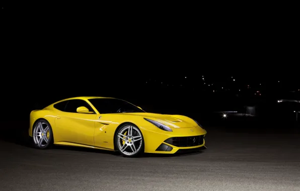 Picture night, yellow, ferrari, Ferrari, front view, yellow, tinted, F12 berlinetta, F12 Berlinetta