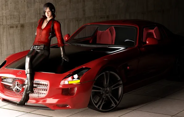 Picture machine, girl, SLS AMG, in red, Mercedes Benz, Resident Evil, roadster, render, fan art, Ada