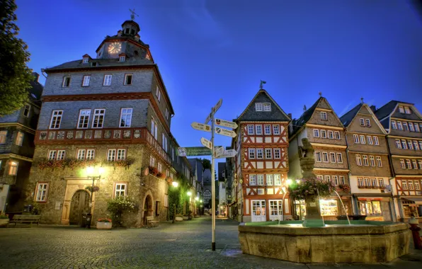 Picture night, home, lights, index, fountain, Germany, Herborn, Market, Place