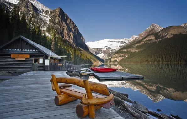 Picture The sky, Water, Mountains, Bridge, Lake, Trees, Snow, House, Stones, Boats, Bench