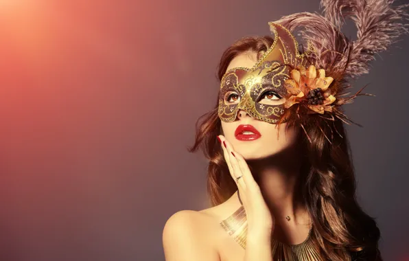 Picture look, girl, background, hand, feathers, makeup, lipstick, mask