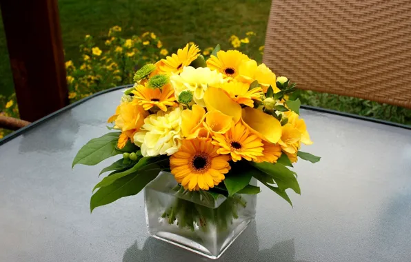Picture flowers, bouquet, gerbera, yellow, composition, Calla lilies, dahlias
