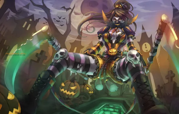 Picture look, weapons, art, skull, Akali, League of Legends, girl. mask