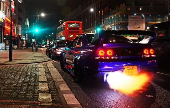 Picture fire, Nissan, GT-R, cars, Skyline, London, R33