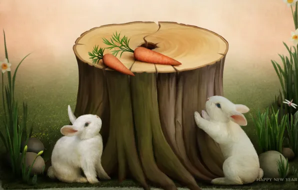 Picture holiday, carrot, rabbit, stump, happy new year, congratulations, symbol of the year, postcard
