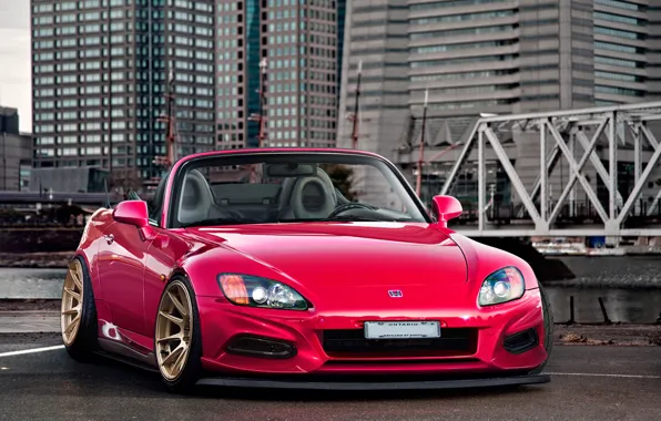 Picture bridge, the city, red, Honda, skyscrapers, S2000, front, roadster