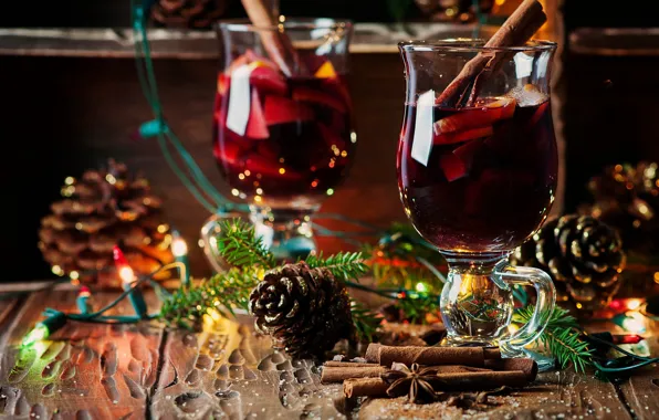 Picture holiday, Board, new year, Christmas, glasses, tree, drink, needles, light bulb, bumps, spices, mulled wine