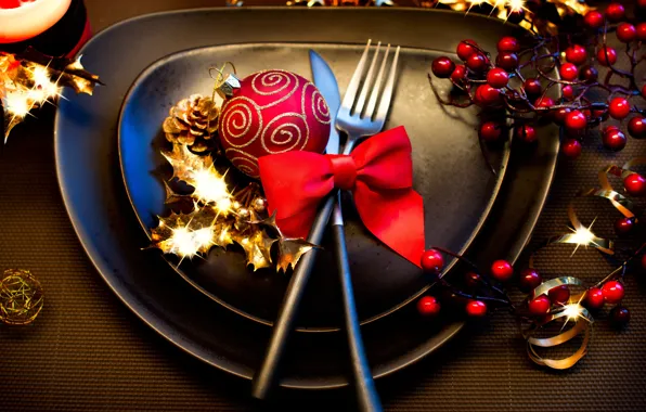 Picture winter, red, table, ball, devices, New Year, Christmas, plates, dishes, bow, Christmas, black, holidays, New …