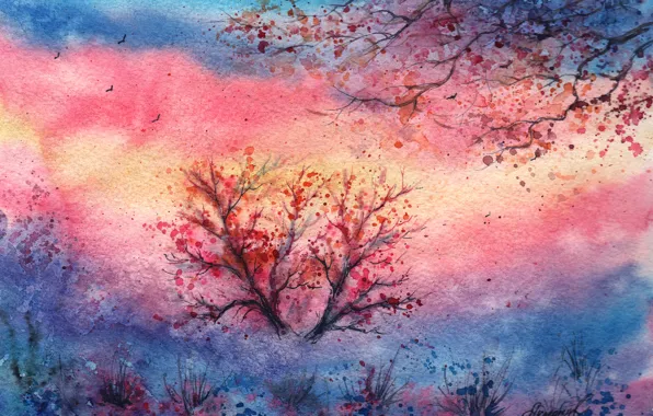 Picture leaves, birds, tree, the wind, the evening, watercolor, the bushes, painted landscape