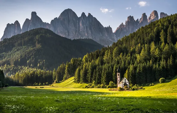 Picture landscape, mountains, rocks, hills, vegetation, Church, chapel, forest, Italy, Dolomites